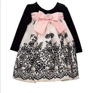 Bonnie Baby Size 3/6 Velvet Flocked Dress with Bow in Black/Cream/Pink
